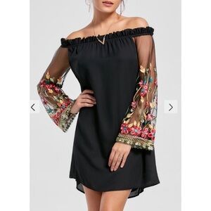 Boho tunic dress embroidered mesh sleeves floral petite Small shift bohemian